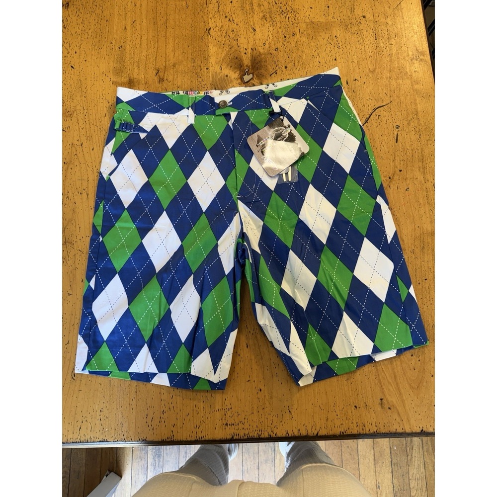 New Royal and Awesome Golf Shorts Mens 34  Green and blue Argyle Outdoors Sport.